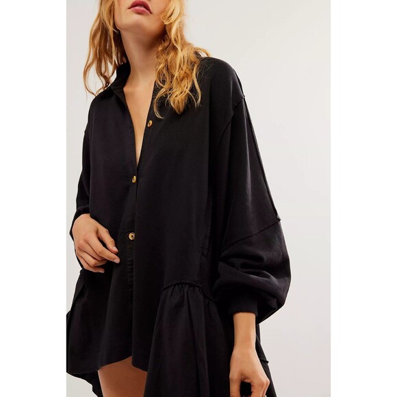 Free People Buttondown Sweatshirt Top Oversized Ruffle Black Cotton L NWD 282777 - Picture 4 of 11